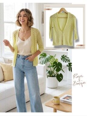 🌿Women's Est Medium Chartreuse Green/Yellow Blend Lightweight Knit Cardigan